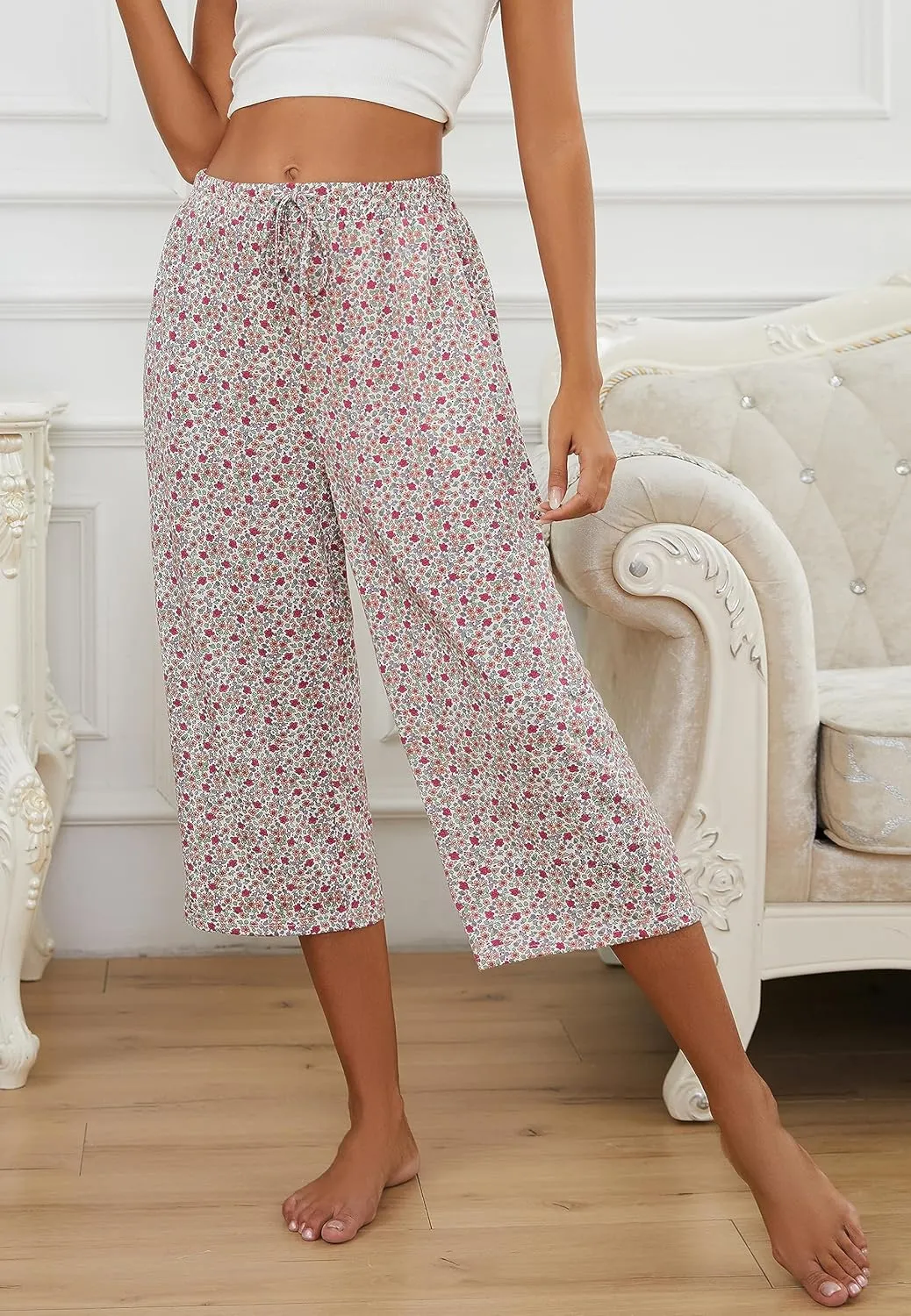 2 Pack Womens Pajama Pants Capri Sleep Lounge Pants Drawstring Pj Bottoms with Pockets