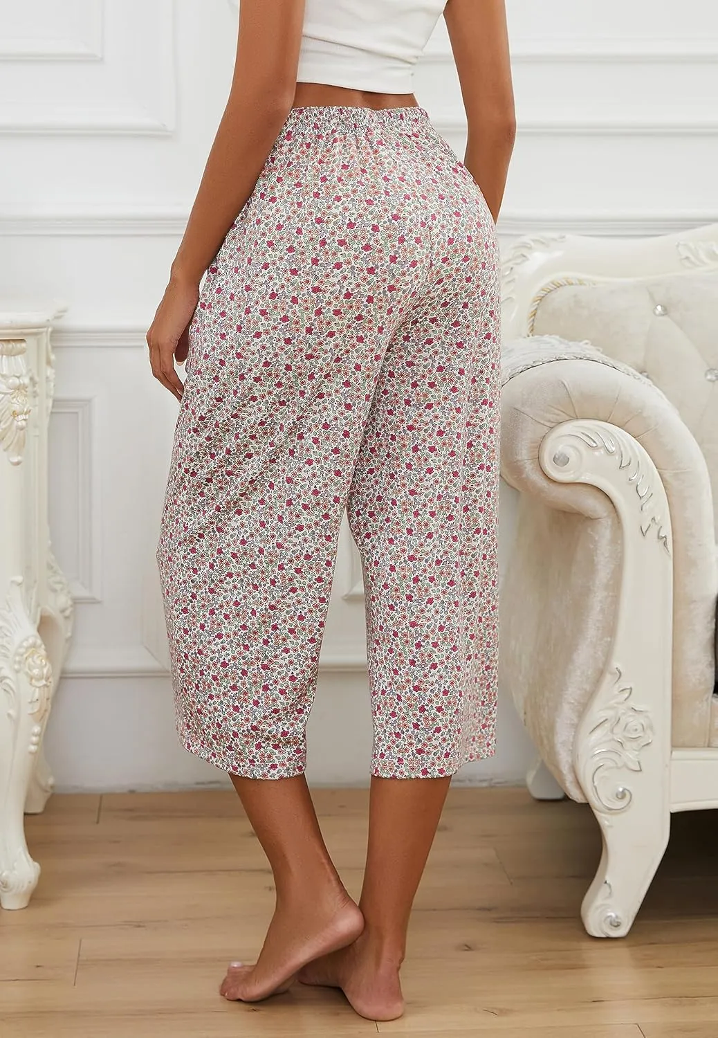 2 Pack Womens Pajama Pants Capri Sleep Lounge Pants Drawstring Pj Bottoms with Pockets