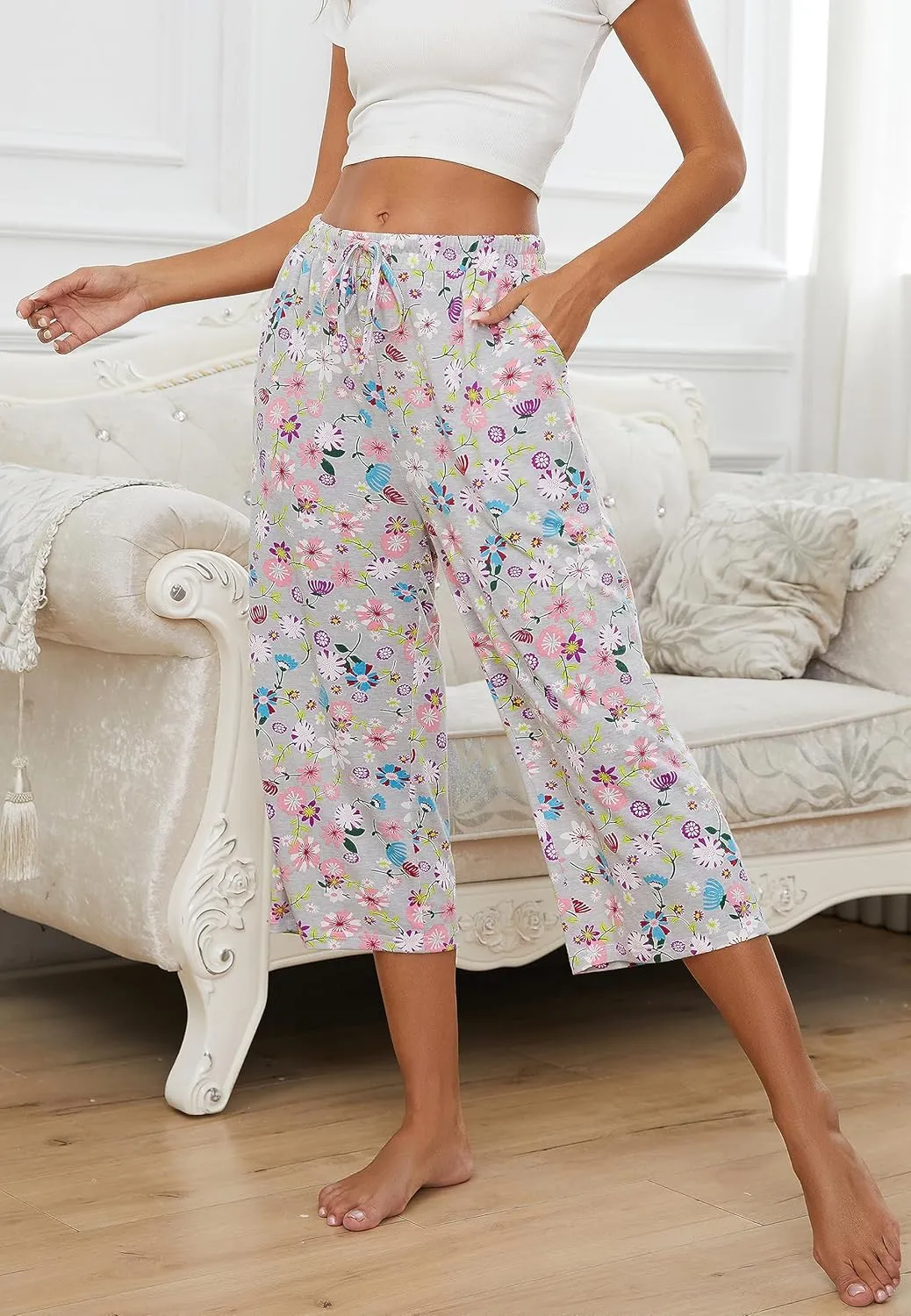 2 Pack Womens Pajama Pants Capri Sleep Lounge Pants Drawstring Pj Bottoms with Pockets
