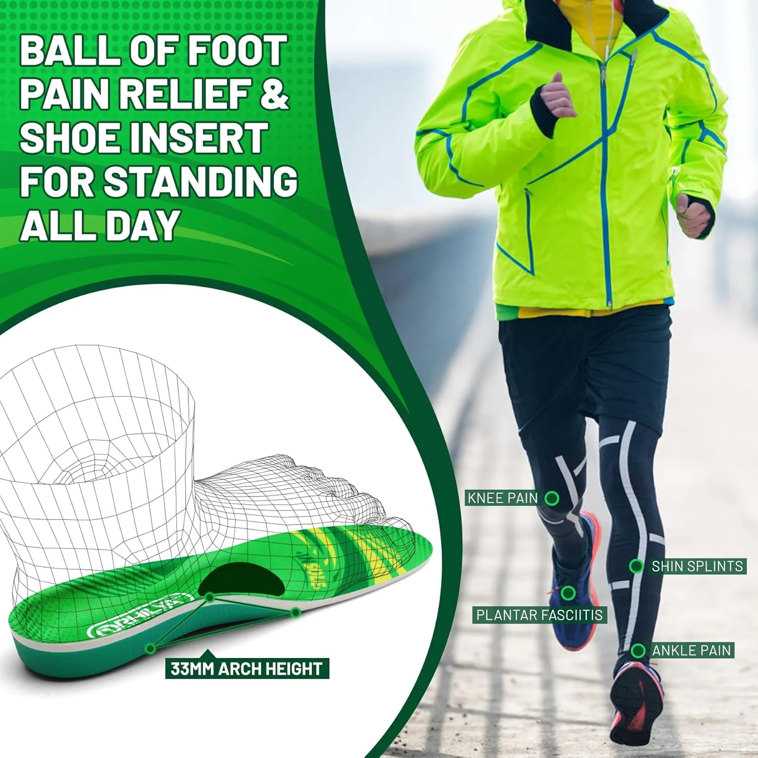 220lbs  Plantar Fasciitis Relief Arch Support Insert Metatarsal Pain Orthopedic Insole Men Women Standing All Day, Flat Feet Heel Spur Comfort Work Boot Shoe PU Insole Cushion, Green Size 7