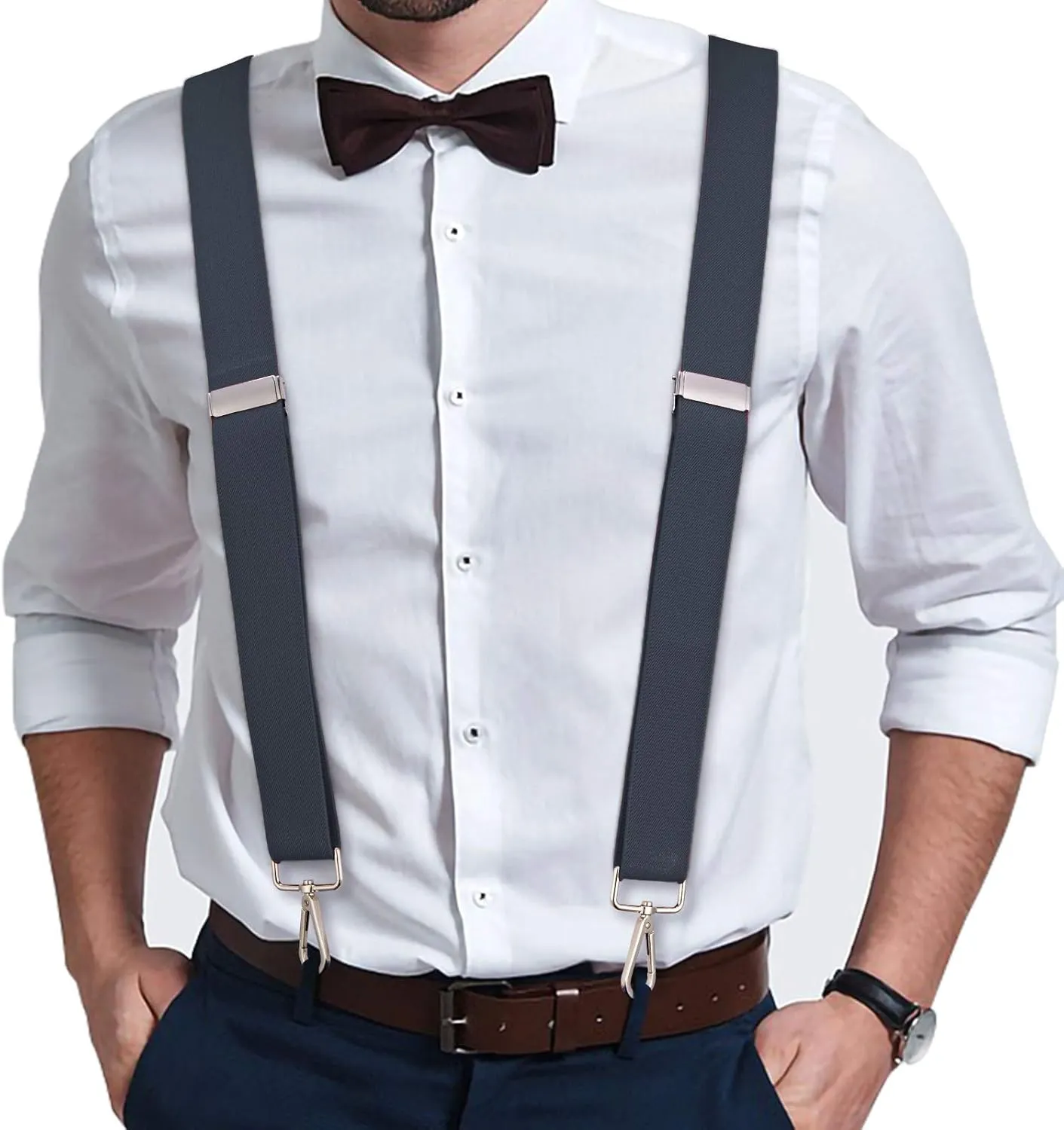 Buyless Fashion Suspenders for Men - 48" Elastic Adjustable Straps 1 1/4" - X Back with Metal Hooks