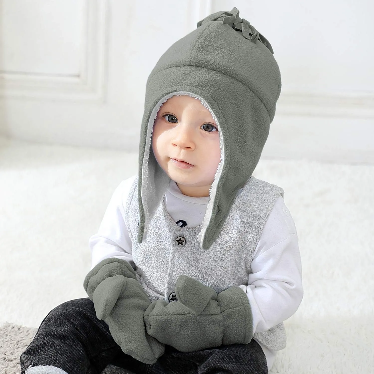 Century Star Baby Fleece Hat Warm Earflap Kids Caps Toddler Boys Winter Hat and Mitten Set