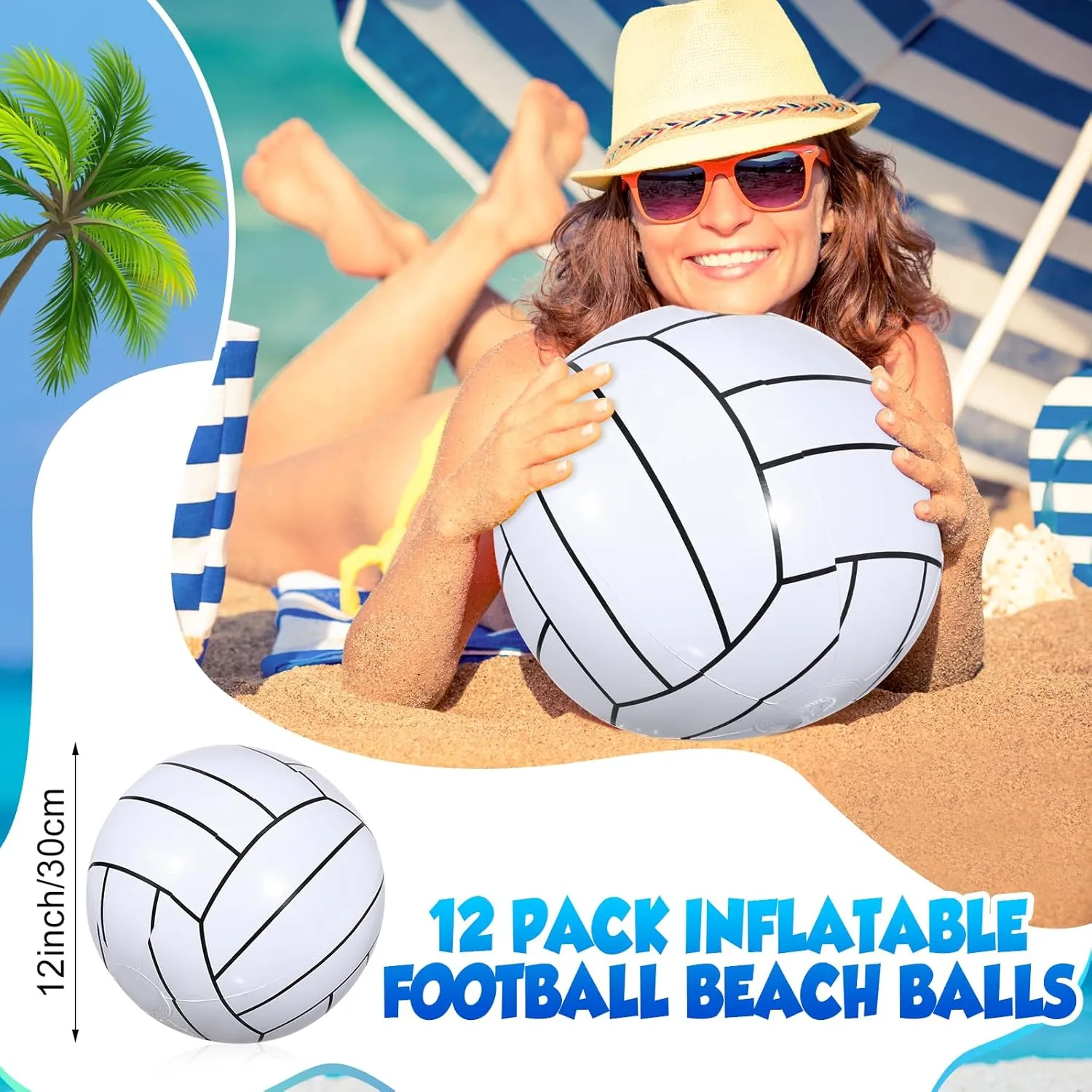 Chivao 12 Pack Inflatable Beach Ball Football Soccer Baseball Volleyball Softball Glitter Beach Ball Blow up Balls for Summer Swimming Pool Party Favor Game(Volleyball,16 Inch)