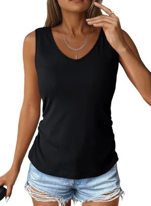 Dokotoo Tank Top with Built in Bra for Women Casual Summer Sleeveless Tops Slim Fitted V Neck Ruched Cami Shirts