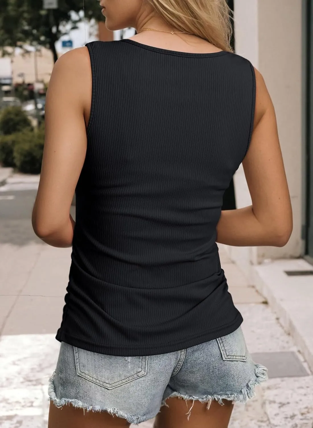 Dokotoo Tank Top with Built in Bra for Women Casual Summer Sleeveless Tops Slim Fitted V Neck Ruched Cami Shirts
