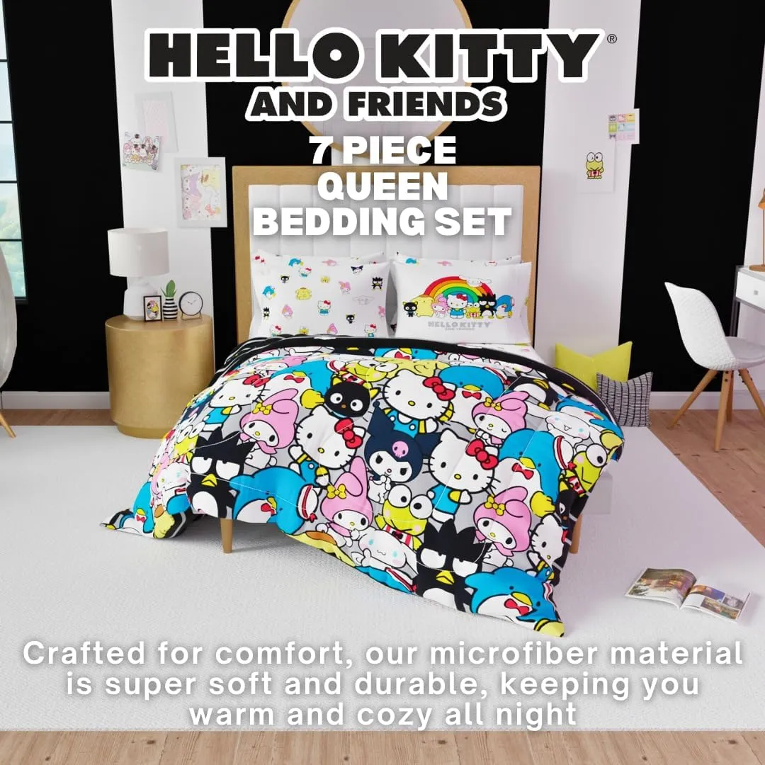 Franco Collectibles Hello Kitty & Friends Bedding 7 Piece Super Soft Comforter and Sheet Set with Sham, Queen, (Official Licensed Product)