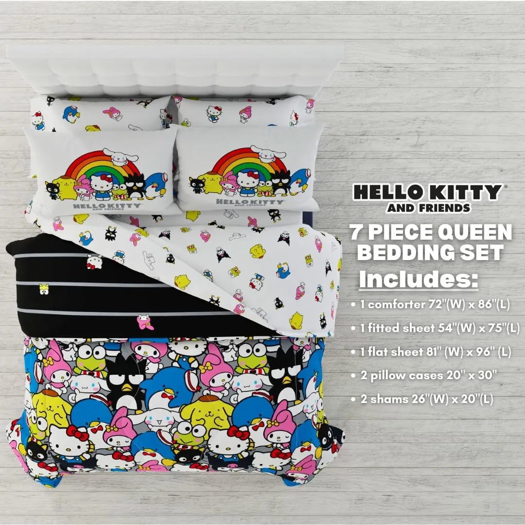 Franco Collectibles Hello Kitty & Friends Bedding 7 Piece Super Soft Comforter and Sheet Set with Sham, Queen, (Official Licensed Product)