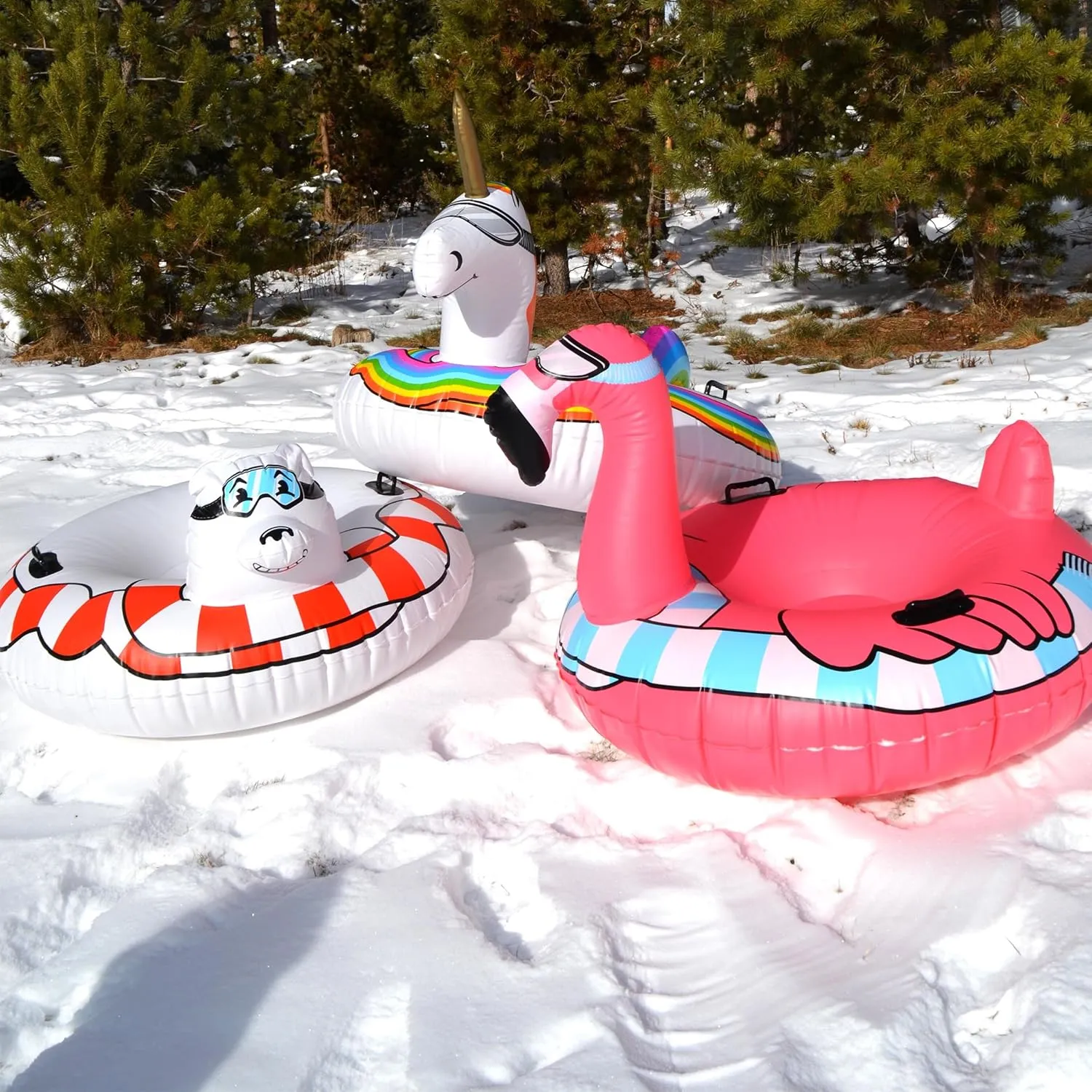 GoFloats Winter Snow Tubes - Choose from Unicorn, Disney's Frozen, Ice Dragon, Polar Bear, Penguin, Flamingo - Inflatable Sled for Kids and Adults