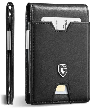 GSOIAX Men's Slim RFID Blocking Leather Wallet with Money Clip | Minimalist Carbon Fiber Bifold Credit Card Holder | 11 Card Slots | Gift Box Included(A-Leather Blcak)