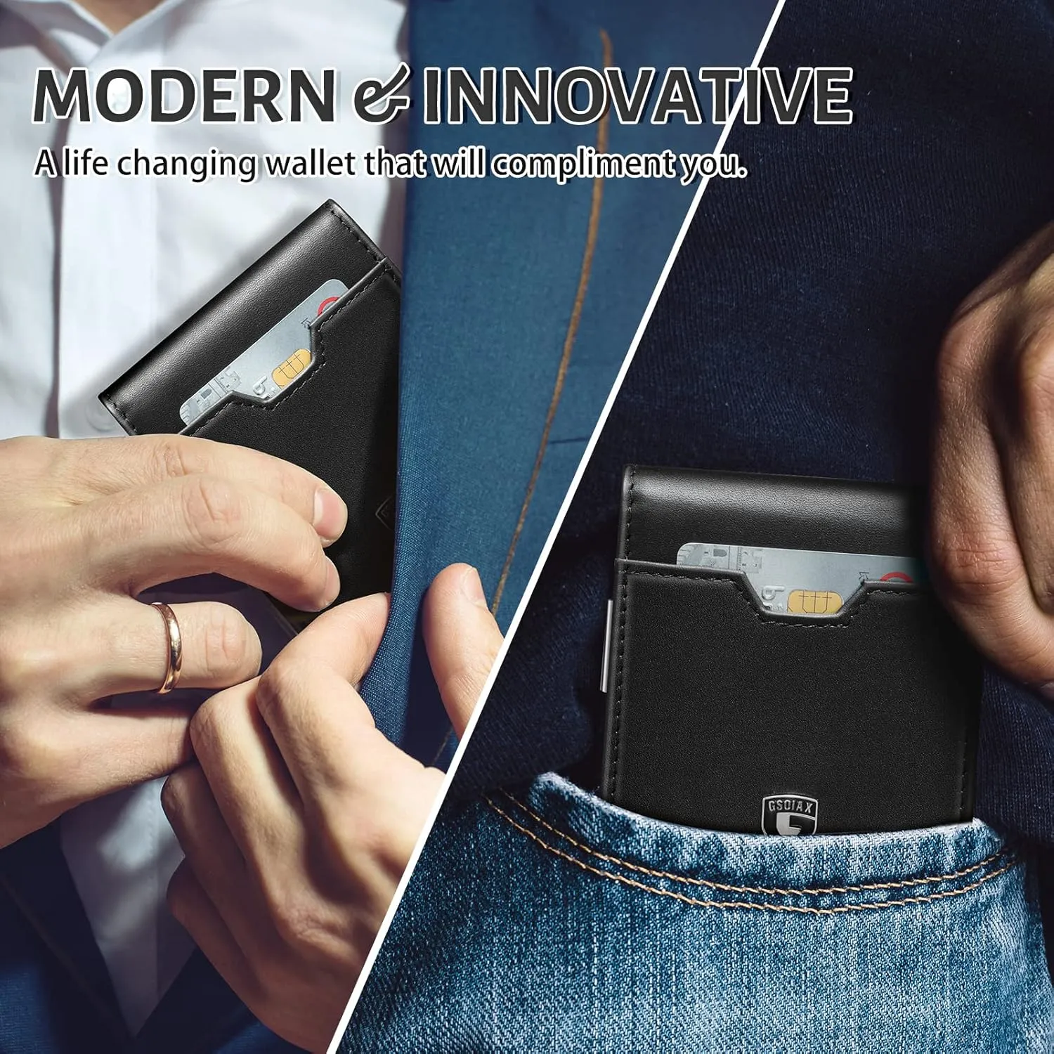 GSOIAX Men's Slim RFID Blocking Leather Wallet with Money Clip | Minimalist Carbon Fiber Bifold Credit Card Holder | 11 Card Slots | Gift Box Included(A-Leather Blcak)