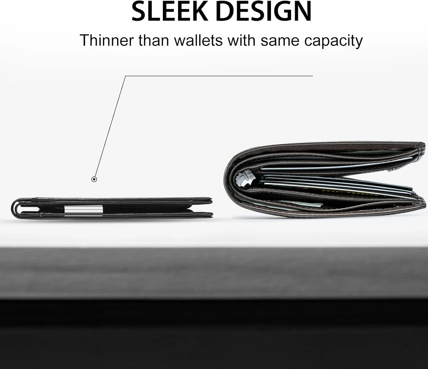 GSOIAX Men's Slim RFID Blocking Leather Wallet with Money Clip | Minimalist Carbon Fiber Bifold Credit Card Holder | 11 Card Slots | Gift Box Included(A-Leather Blcak)