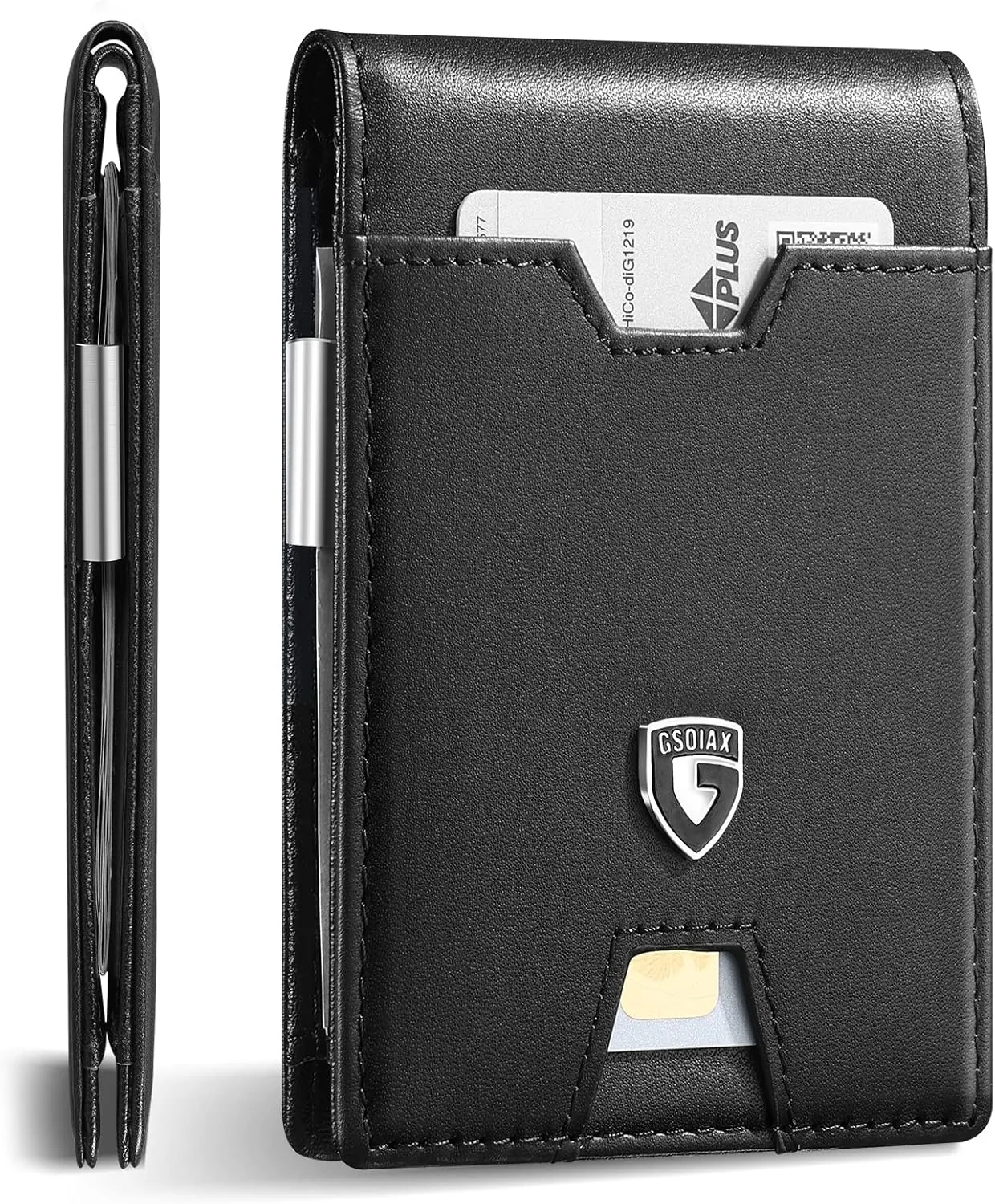 GSOIAX Men's Slim RFID Blocking Leather Wallet with Money Clip | Minimalist Carbon Fiber Bifold Credit Card Holder | 11 Card Slots | Gift Box Included(A-Leather Blcak)