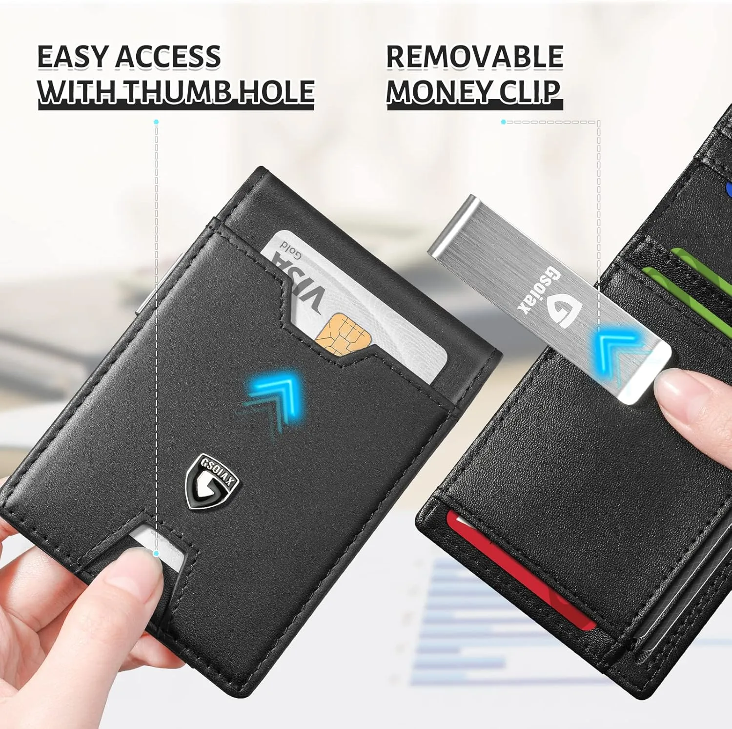 GSOIAX Men's Slim RFID Blocking Leather Wallet with Money Clip | Minimalist Carbon Fiber Bifold Credit Card Holder | 11 Card Slots | Gift Box Included(A-Leather Blcak)