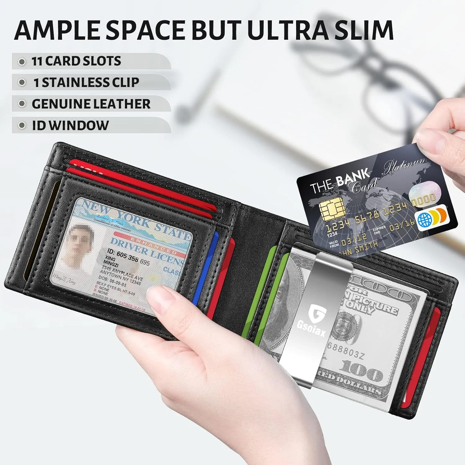 GSOIAX Men's Slim RFID Blocking Leather Wallet with Money Clip | Minimalist Carbon Fiber Bifold Credit Card Holder | 11 Card Slots | Gift Box Included(A-Leather Blcak)