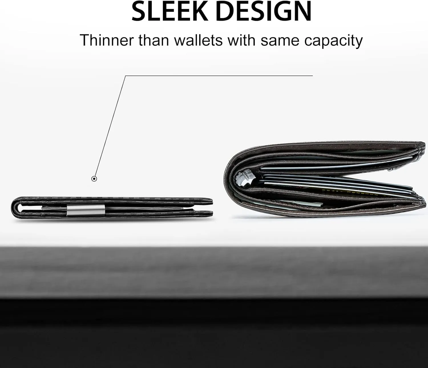GSOIAX Men's Slim RFID Blocking Leather Wallet with Money Clip | Minimalist Carbon Fiber Bifold Credit Card Holder | 11 Card Slots | Gift Box Included(Carbon Black)