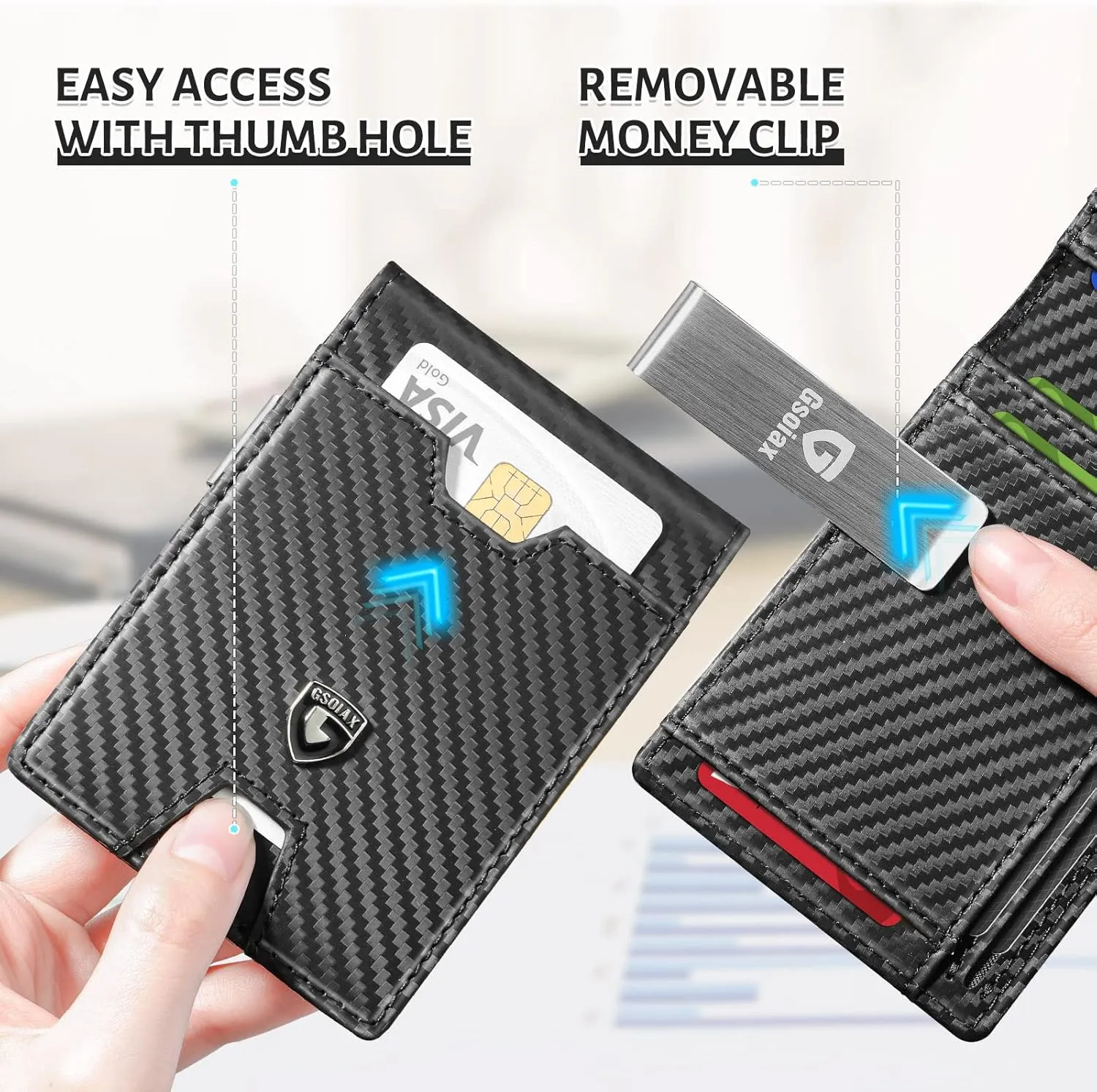 GSOIAX Men's Slim RFID Blocking Leather Wallet with Money Clip | Minimalist Carbon Fiber Bifold Credit Card Holder | 11 Card Slots | Gift Box Included(Carbon Black)