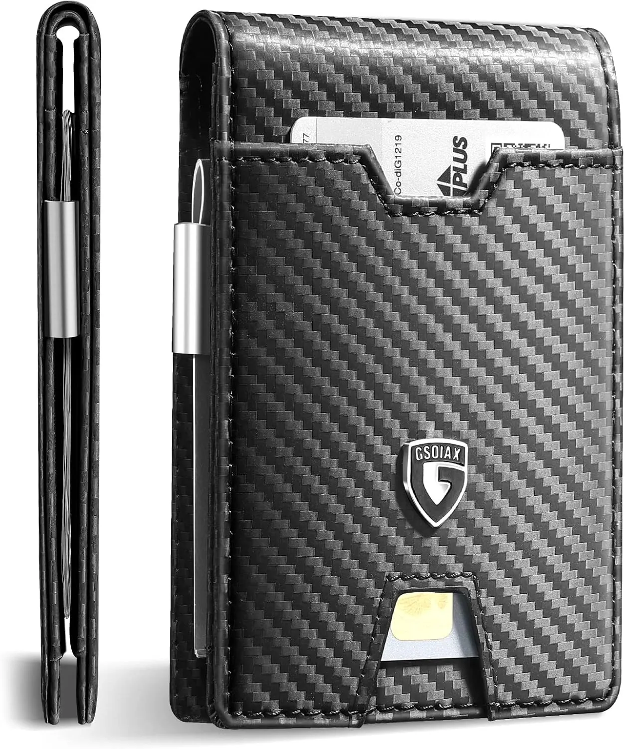 GSOIAX Men's Slim RFID Blocking Leather Wallet with Money Clip | Minimalist Carbon Fiber Bifold Credit Card Holder | 11 Card Slots | Gift Box Included(Carbon Black)
