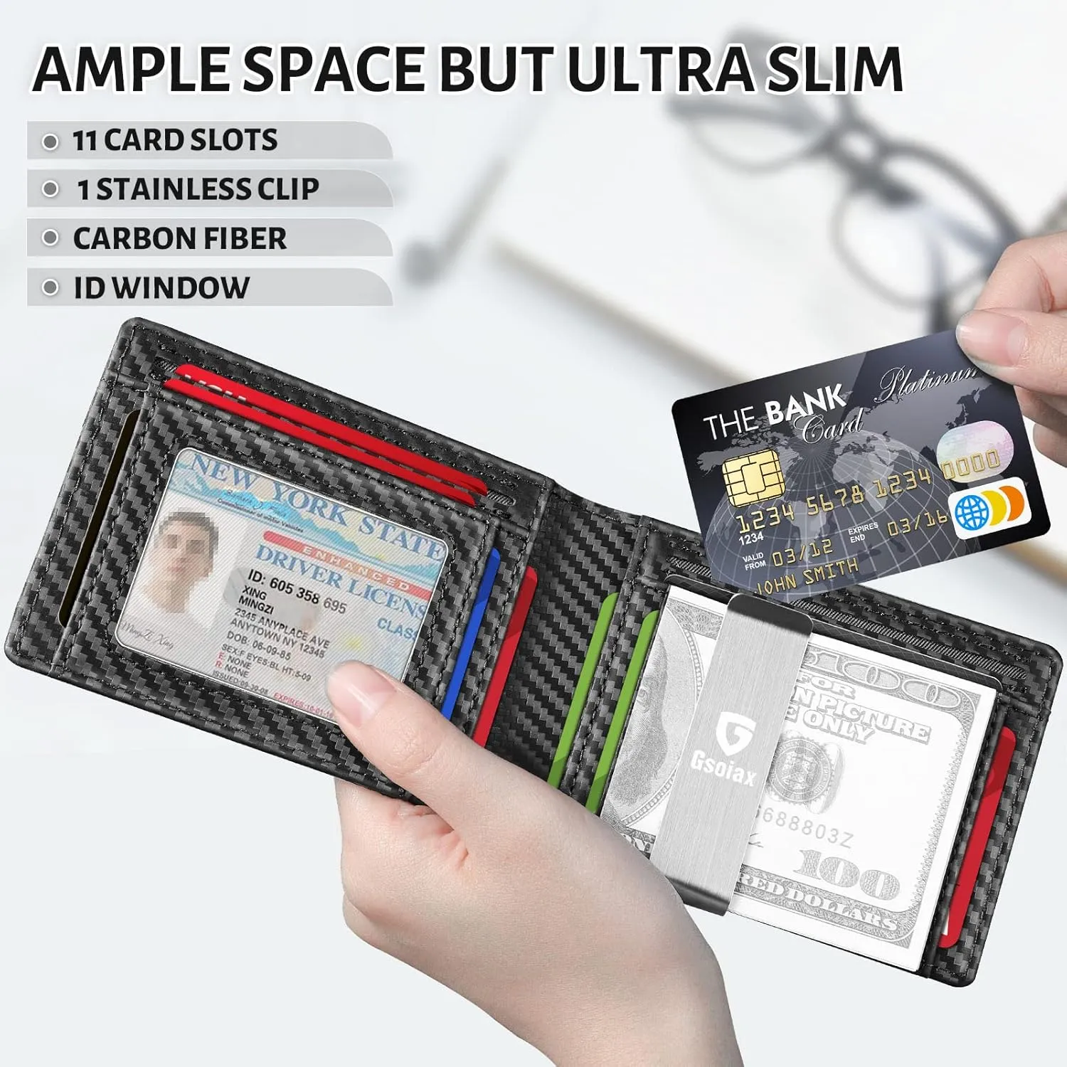 GSOIAX Men's Slim RFID Blocking Leather Wallet with Money Clip | Minimalist Carbon Fiber Bifold Credit Card Holder | 11 Card Slots | Gift Box Included(Carbon Black)