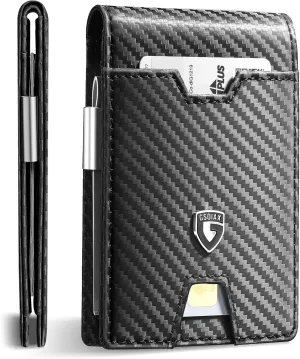 GSOIAX Men's Slim RFID Blocking Leather Wallet with Money Clip | Minimalist Carbon Fiber Bifold Credit Card Holder | 11 Card Slots | Gift Box Included(Carbon Black)