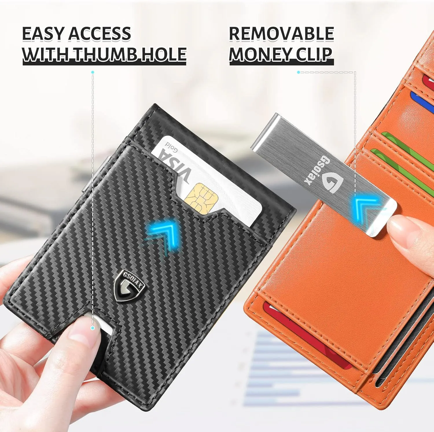 GSOIAX Men's Slim RFID Blocking Leather Wallet with Money Clip Minimalist Carbon Fiber Bifold Credit Card Holder 11 Card Slots Gift Box Included(Carbon Orange)