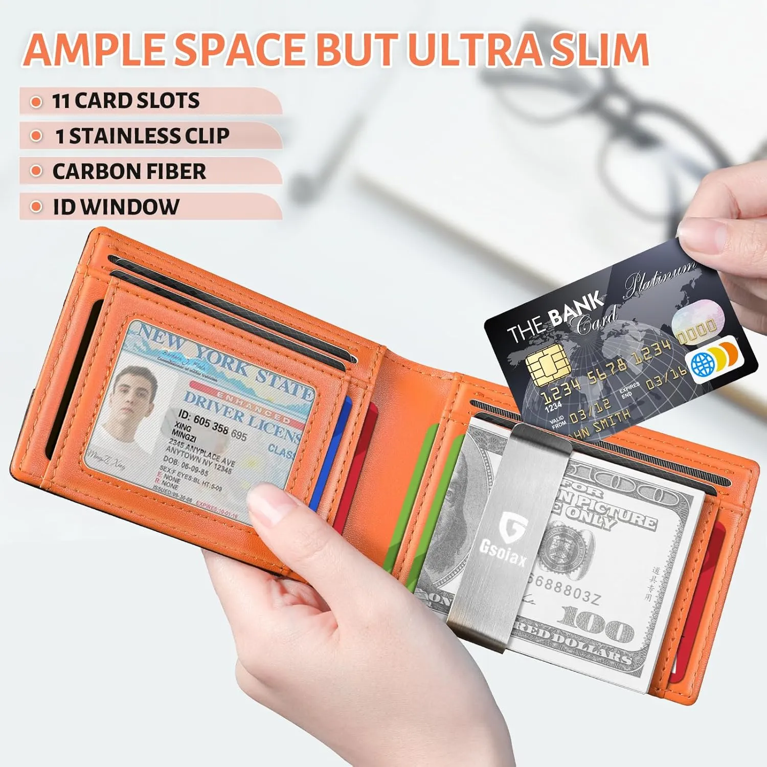 GSOIAX Men's Slim RFID Blocking Leather Wallet with Money Clip Minimalist Carbon Fiber Bifold Credit Card Holder 11 Card Slots Gift Box Included(Carbon Orange)