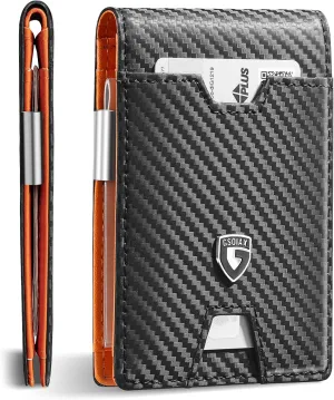 GSOIAX Men's Slim RFID Blocking Leather Wallet with Money Clip Minimalist Carbon Fiber Bifold Credit Card Holder 11 Card Slots Gift Box Included(Carbon Orange)