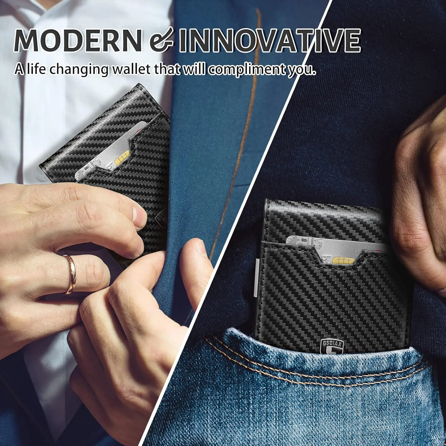 GSOIAX Men's Slim RFID Blocking Leather Wallet with Money Clip Minimalist Carbon Fiber Bifold Credit Card Holder 11 Card Slots Gift Box Included(Carbon Orange)