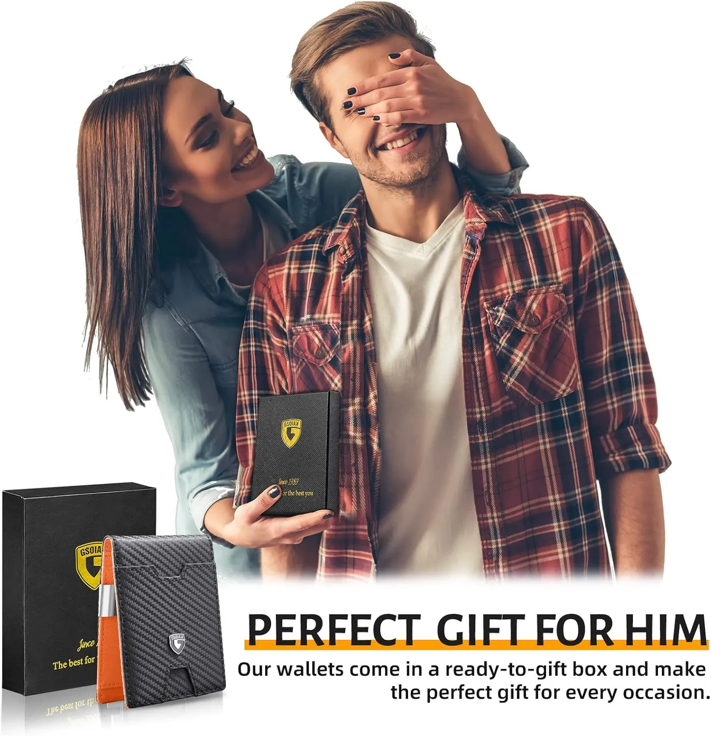 GSOIAX Men's Slim RFID Blocking Leather Wallet with Money Clip Minimalist Carbon Fiber Bifold Credit Card Holder 11 Card Slots Gift Box Included(Carbon Orange)