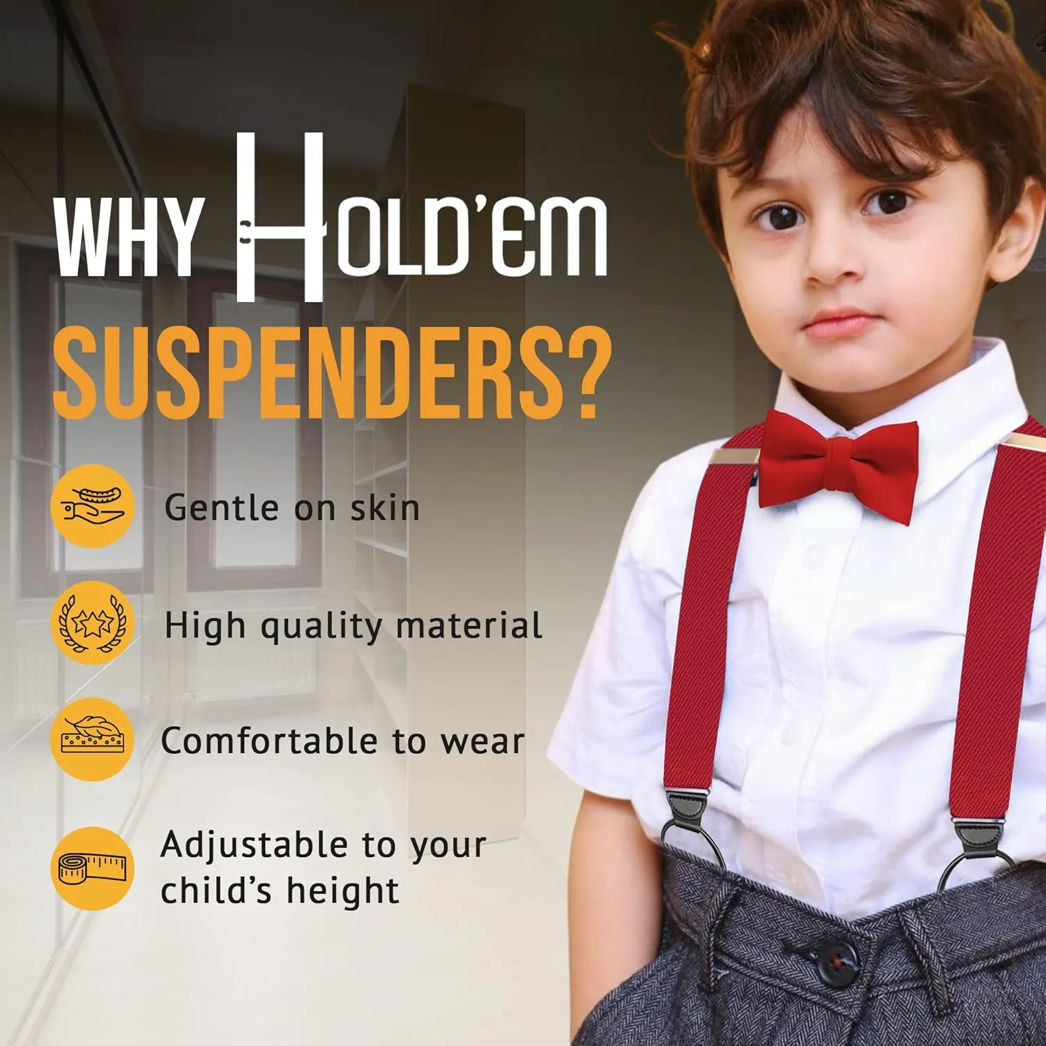 HoldEm Suspender Bow Tie Set for Kids, & Baby Pre-tied Bow Tie, 1 Suspender