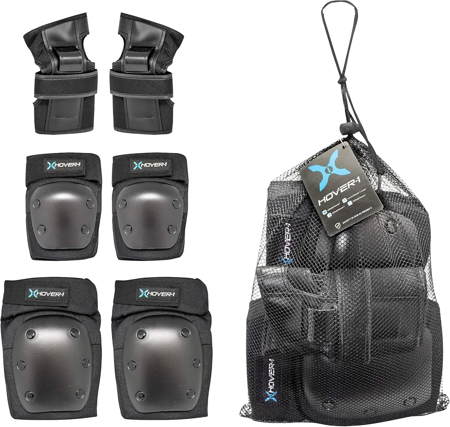 Hover-1 Nylon Protective Elbow Pads | Knee Pads & Wrist Guards, For Ages Above 8, Hard PP Shells Impact Resistance & EVA Foam Padding, Large, Black