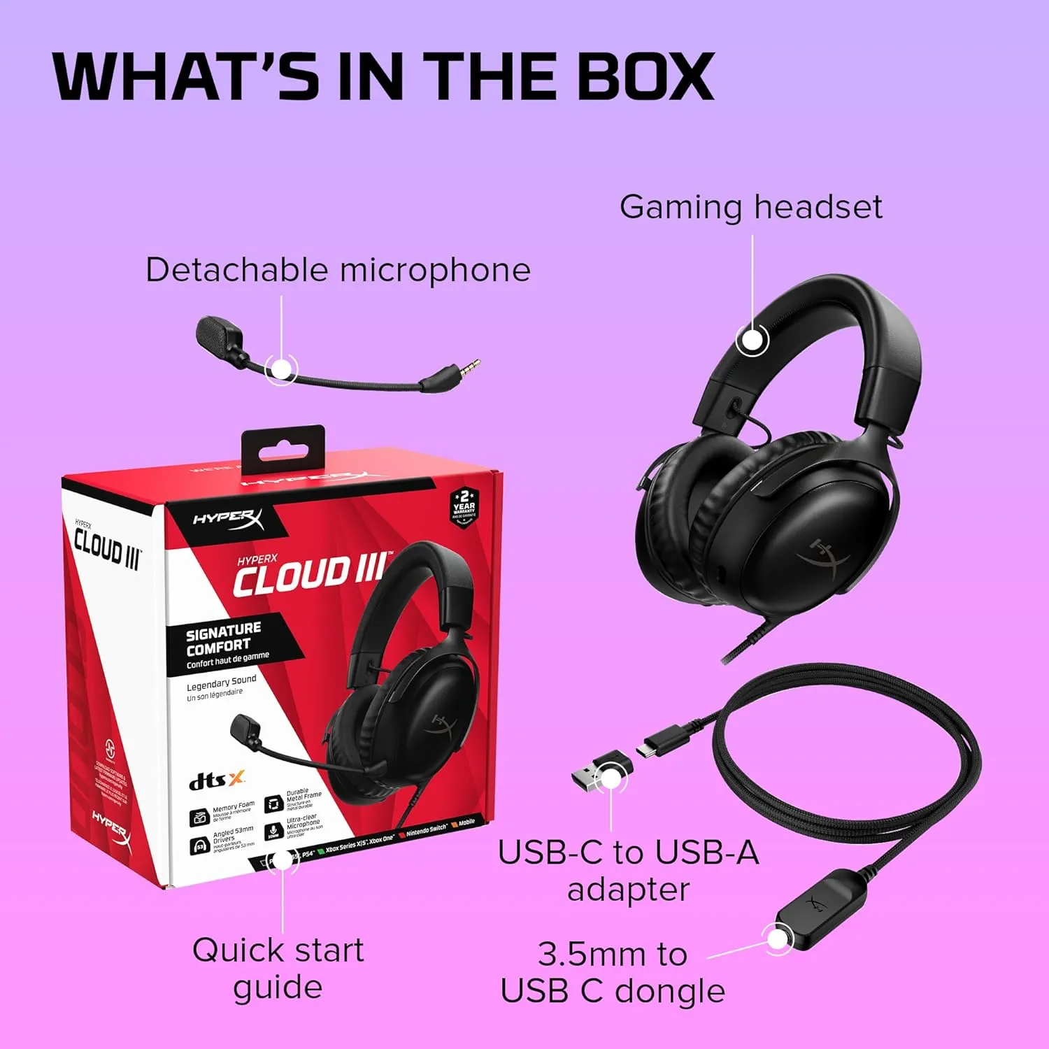 HyperX Cloud III  Wired Gaming Headset, PC, PS5, Xbox Series X|S, Angled 53mm Drivers, DTS Spatial Audio, Memory Foam, Durable Frame, Ultra-Clear 10mm Mic, USB-C, USB-A, 3.5mm  Black