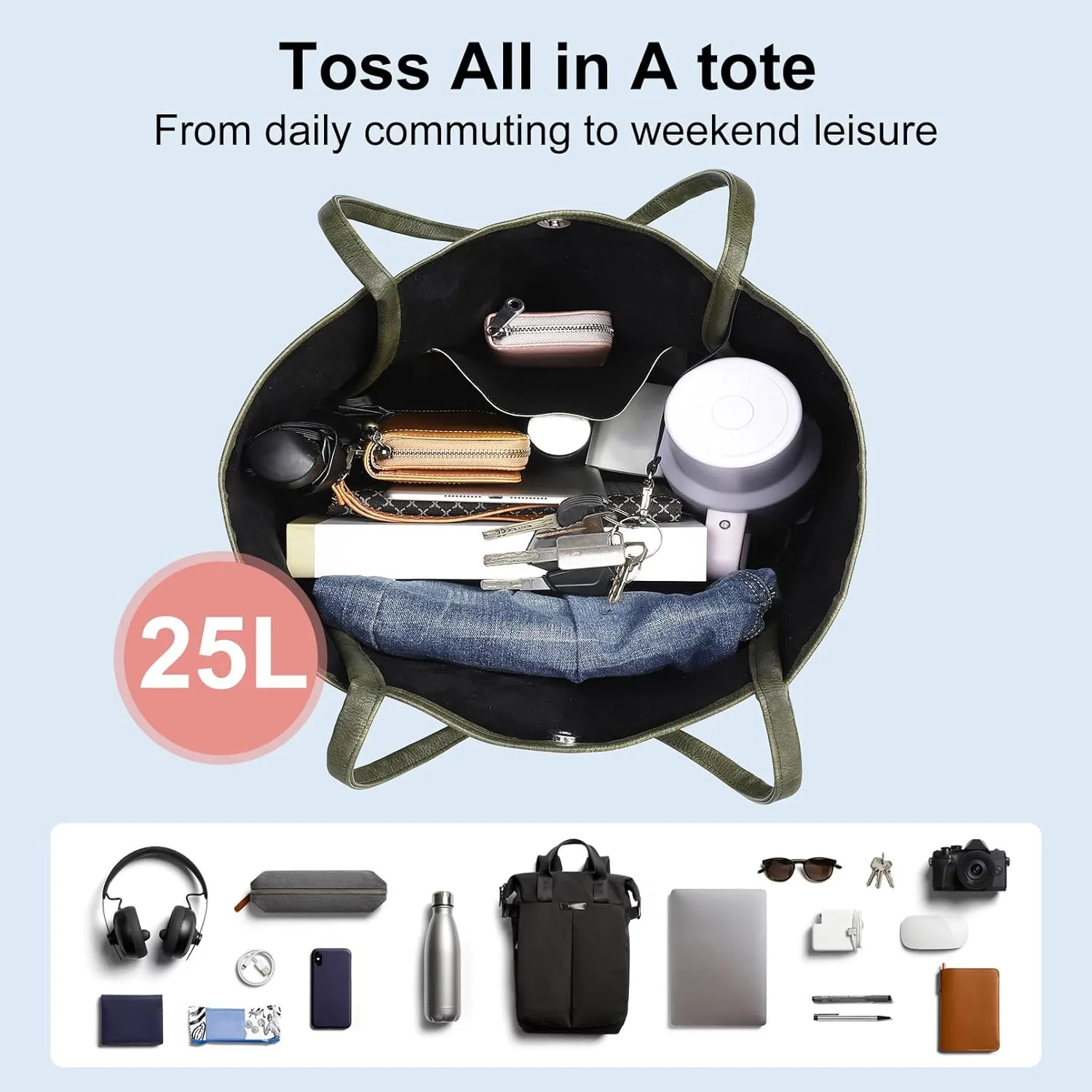 Large Tote Bag for Women Work 25L Travel Vegan Leather Ladies Handbags Weekender Purses
