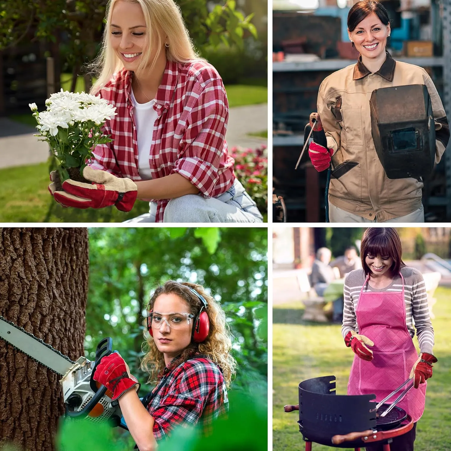 Leather Work Gloves for Women, Medium Glove for Gardening, Tig/Mig Welding, Construction, Chainsaw, Farm, Ranch, etc. Cowhide, Cotton Lined, Utility, Firm Grip, Durable. Rose Red - Grey M
