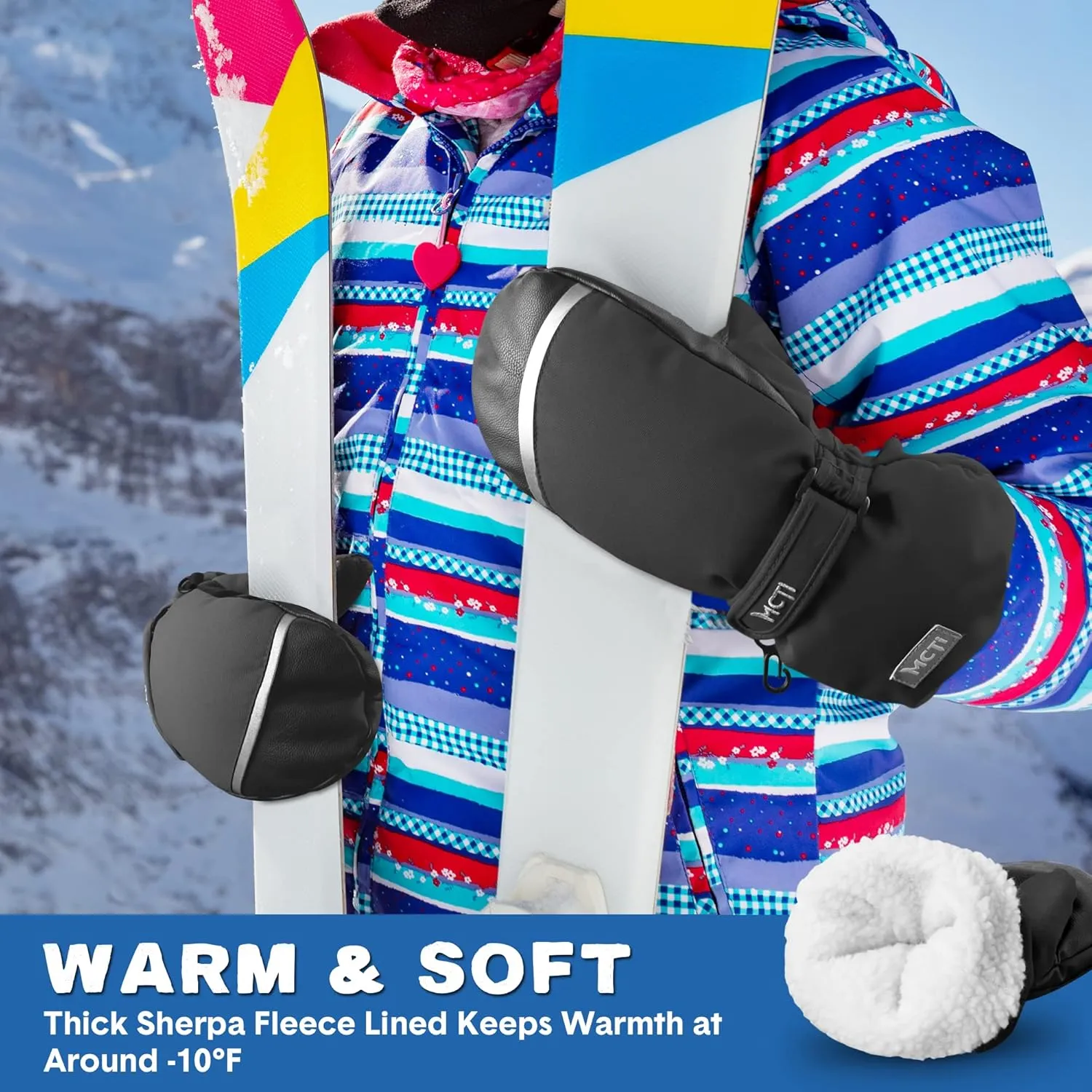 MCTi Kids Mittens Waterproof Winter Ski Warm Sherpa Lined Long Cuff with String