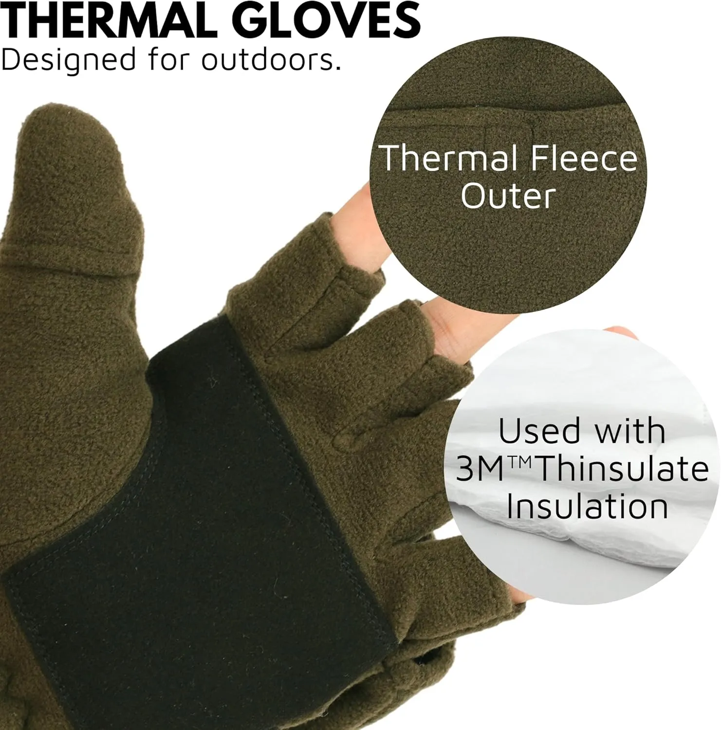 Mens Fleece Mitten Gloves Thermal Convertible Mitten w/Flip Thumb Cold Weather Gloves for Hunting Hiking Outdoors