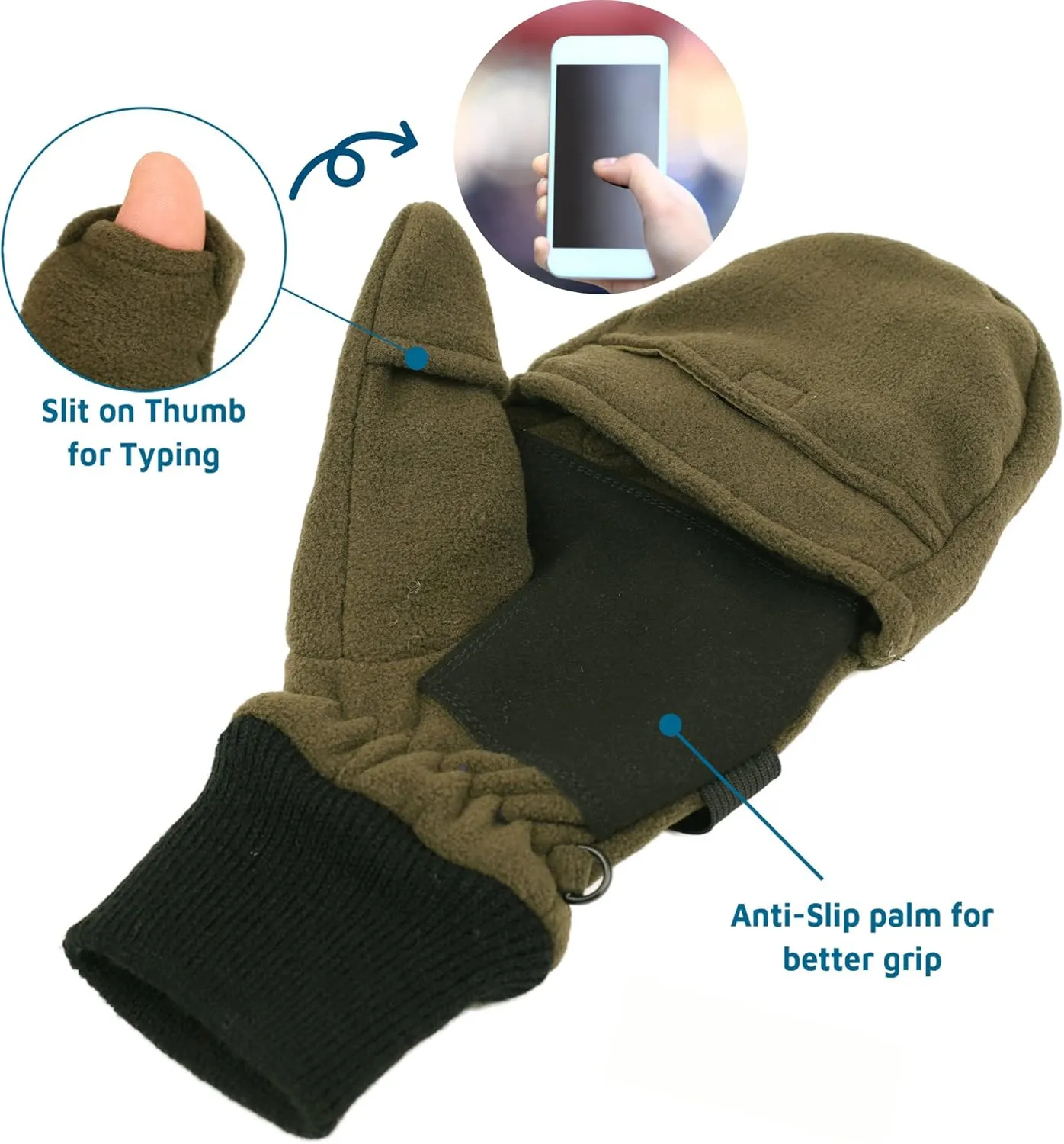 Mens Fleece Mitten Gloves Thermal Convertible Mitten w/Flip Thumb Cold Weather Gloves for Hunting Hiking Outdoors