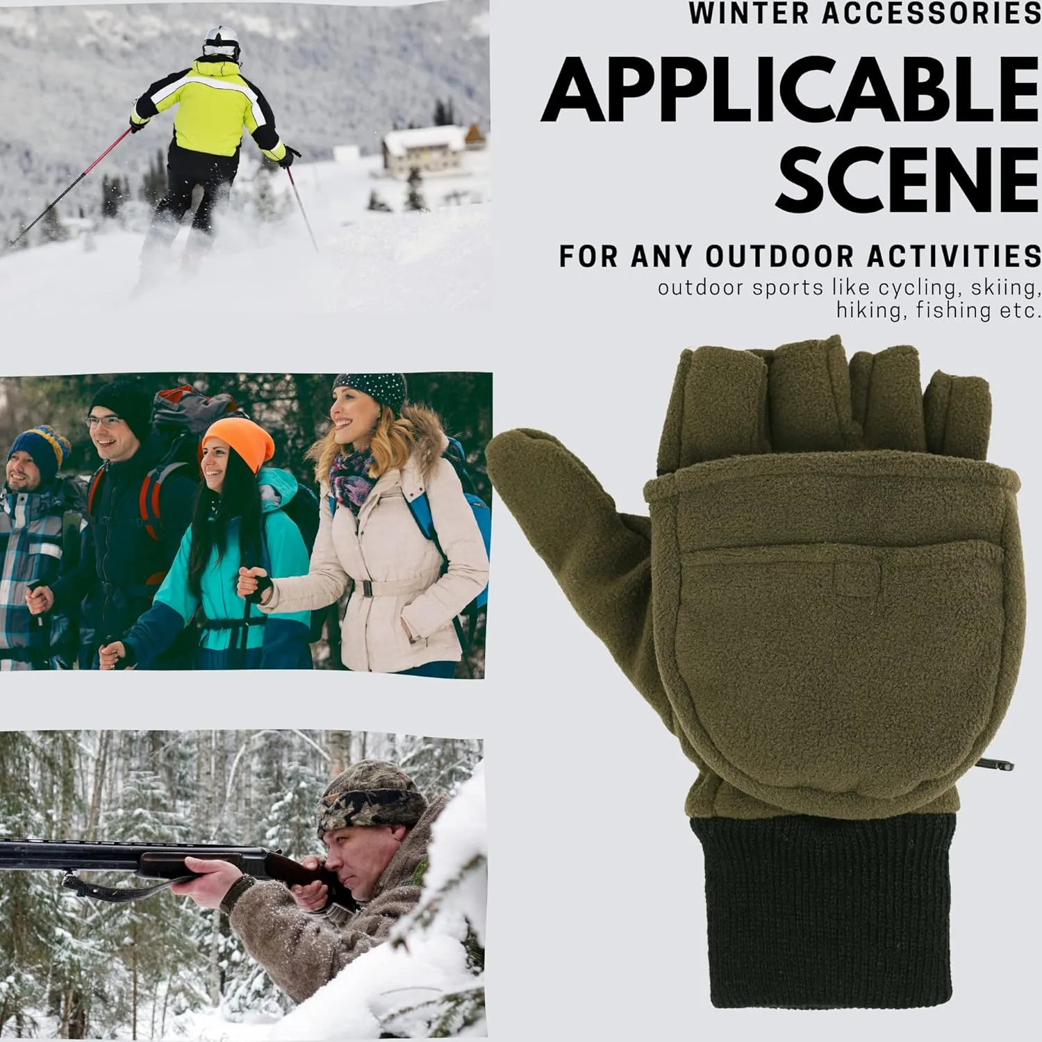 Mens Fleece Mitten Gloves Thermal Convertible Mitten w/Flip Thumb Cold Weather Gloves for Hunting Hiking Outdoors