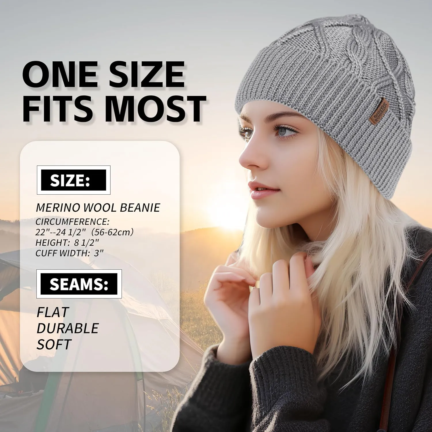 OUTDOOR SHAPING Merino Wool Beanie, Unisex Cable Knit Hat, Daily Rib Cuff Beanie, Warm Winter Cap