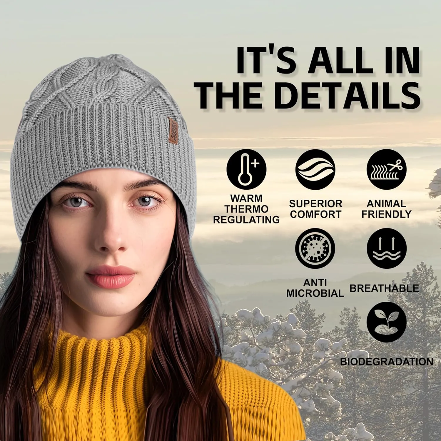 OUTDOOR SHAPING Merino Wool Beanie, Unisex Cable Knit Hat, Daily Rib Cuff Beanie, Warm Winter Cap