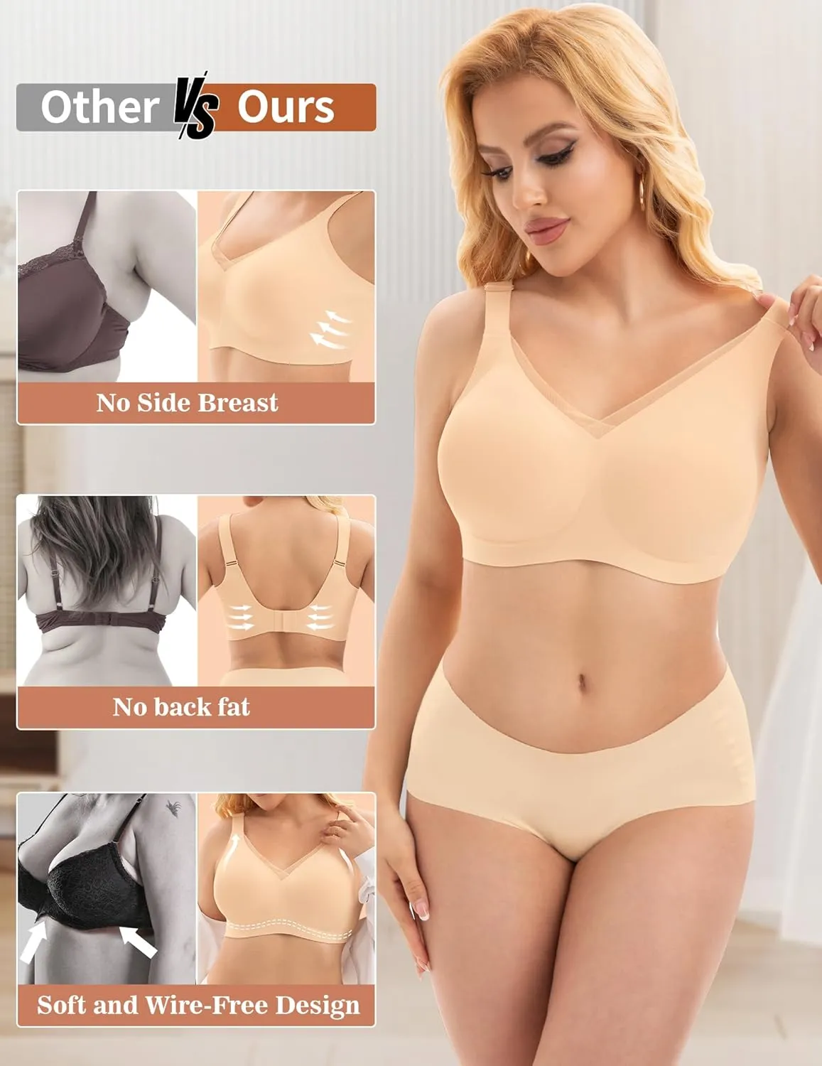 PoseFree Womens Wireless Bras Supportive Tshirt Bra No Underwire Seamless Push Up V Mesh Comfortable Bralette Everyday Bras