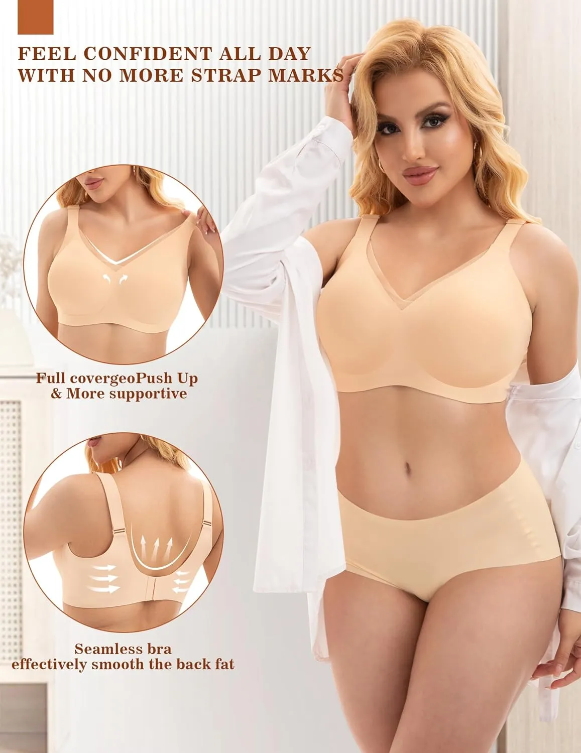 PoseFree Womens Wireless Bras Supportive Tshirt Bra No Underwire Seamless Push Up V Mesh Comfortable Bralette Everyday Bras