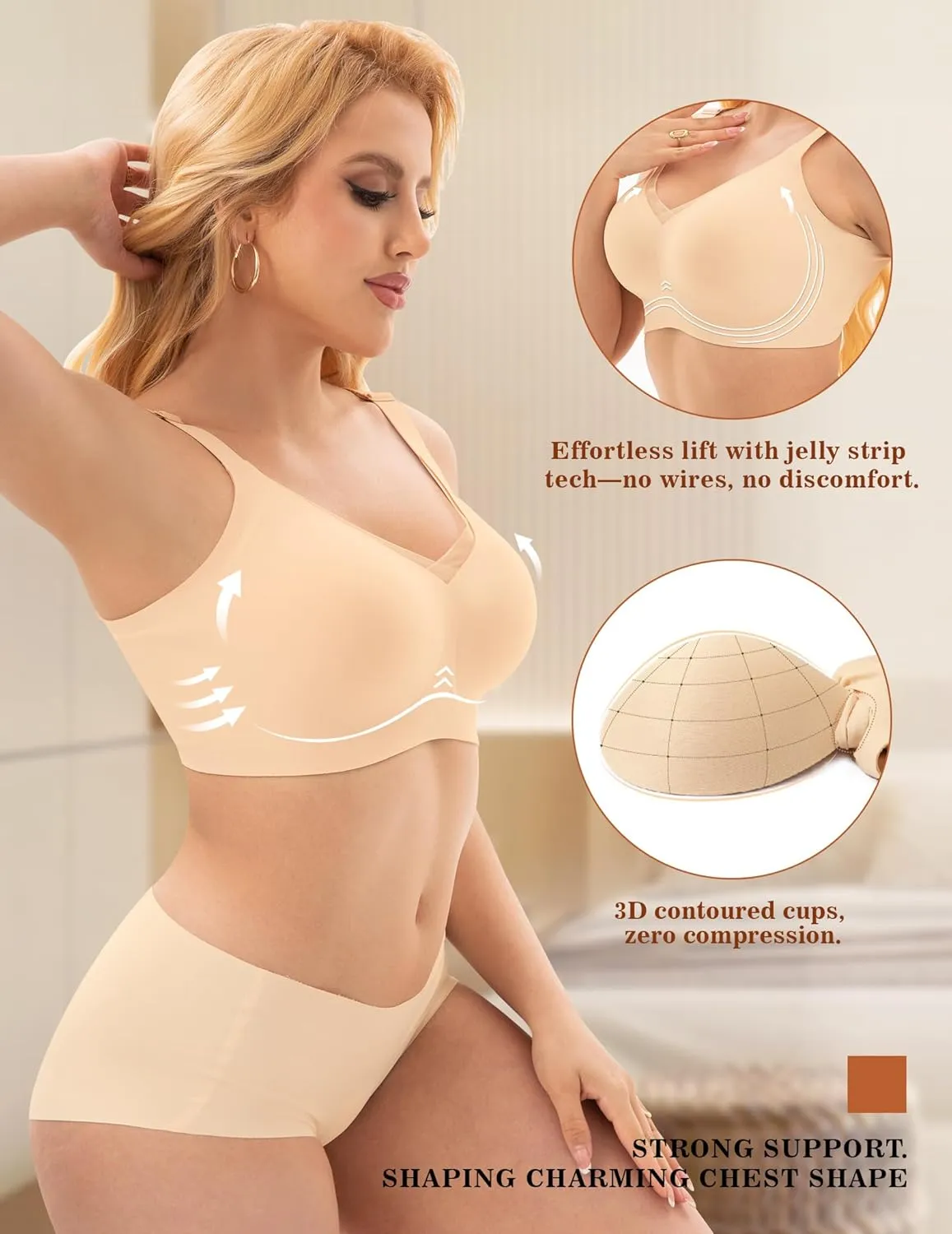 PoseFree Womens Wireless Bras Supportive Tshirt Bra No Underwire Seamless Push Up V Mesh Comfortable Bralette Everyday Bras