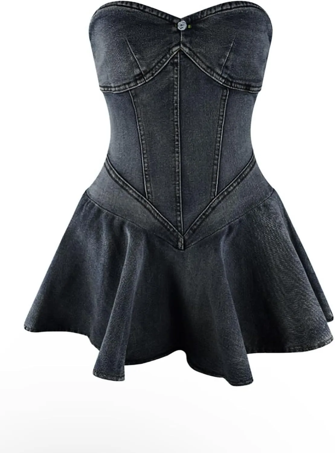 SHINFY Womens Summer Denim Dress Sexy Off Shoulder Strapless Bustier Corset Tube Pleated Mini Jean Dresses
