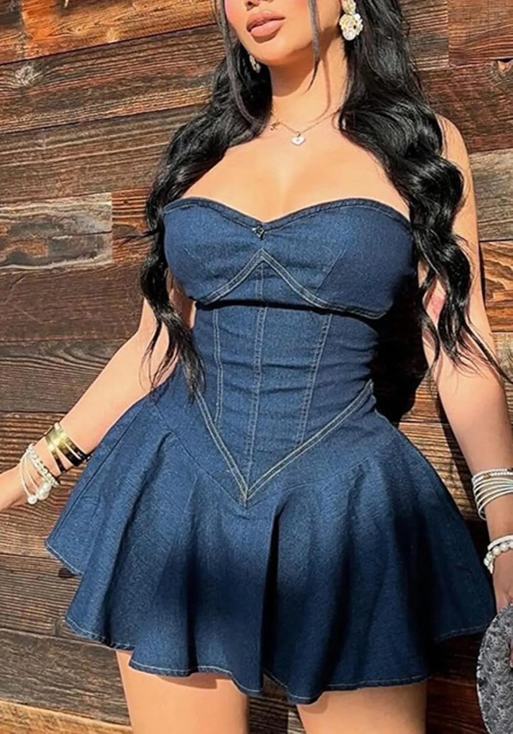 SHINFY Womens Summer Denim Dress Sexy Off Shoulder Strapless Bustier Corset Tube Pleated Mini Jean Dresses