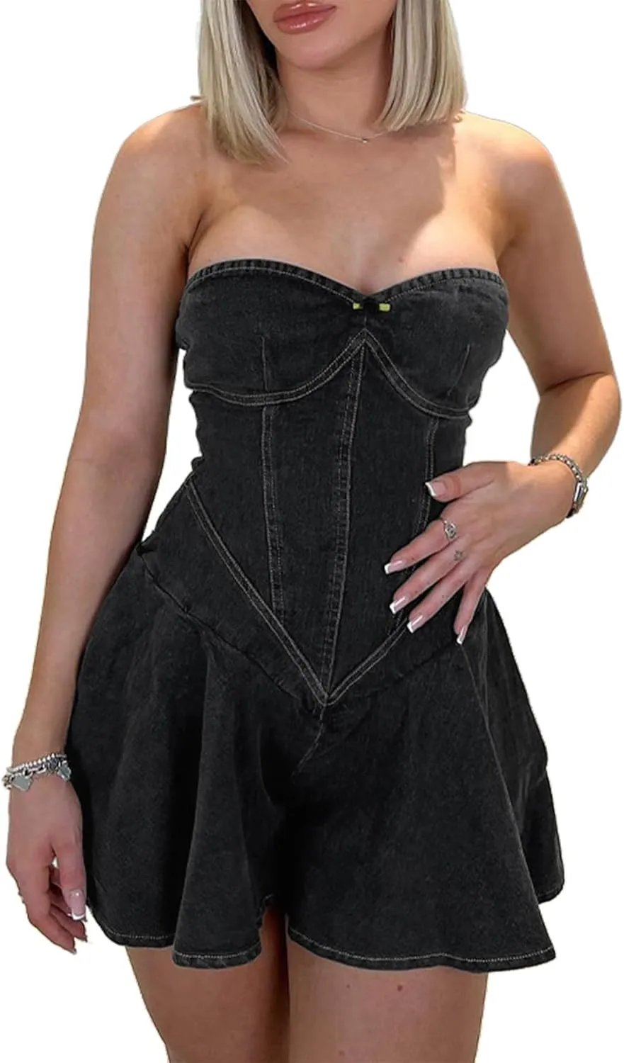 SHINFY Womens Summer Denim Dress Sexy Off Shoulder Strapless Bustier Corset Tube Pleated Mini Jean Dresses
