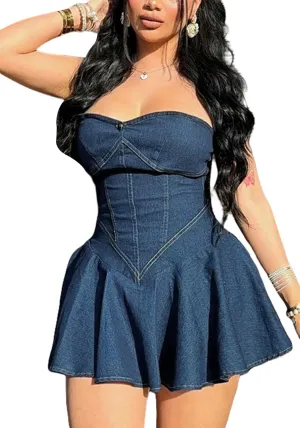 SHINFY Womens Summer Denim Dress Sexy Off Shoulder Strapless Bustier Corset Tube Pleated Mini Jean Dresses