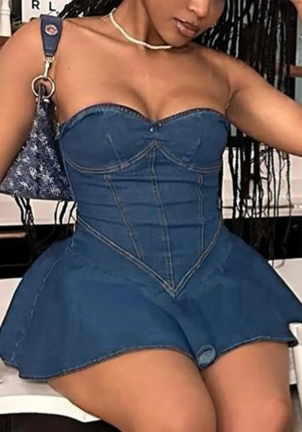 SHINFY Womens Summer Denim Dress Sexy Off Shoulder Strapless Bustier Corset Tube Pleated Mini Jean Dresses