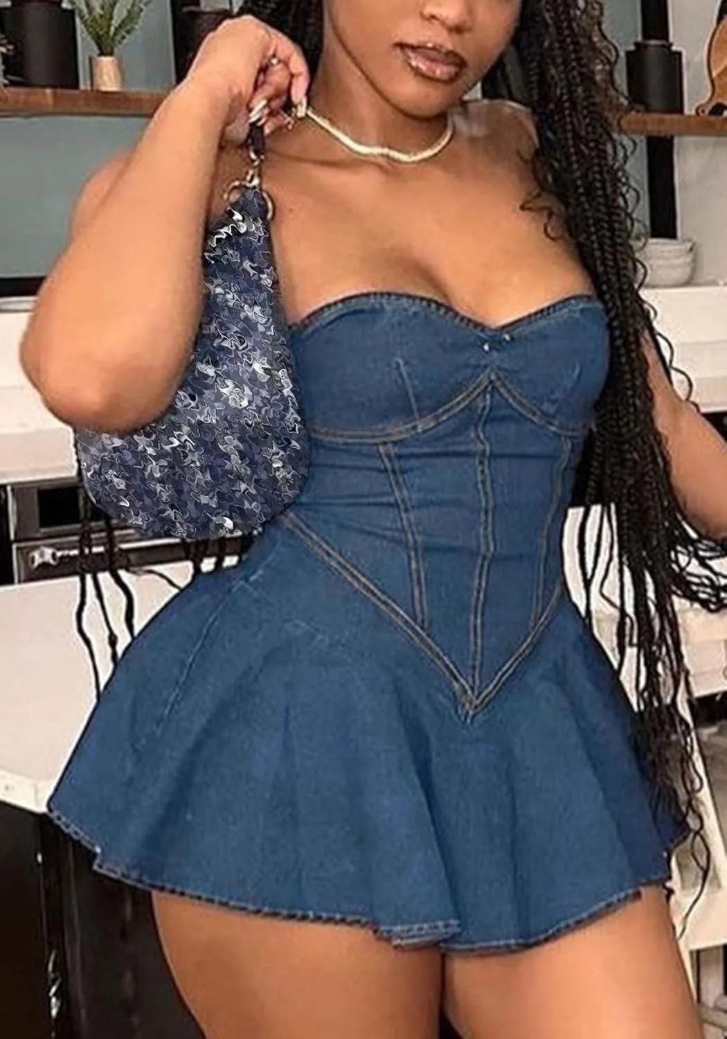 SHINFY Womens Summer Denim Dress Sexy Off Shoulder Strapless Bustier Corset Tube Pleated Mini Jean Dresses