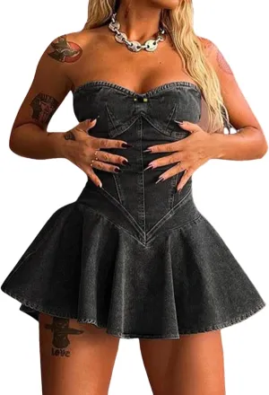 SHINFY Womens Summer Denim Dress Sexy Off Shoulder Strapless Bustier Corset Tube Pleated Mini Jean Dresses
