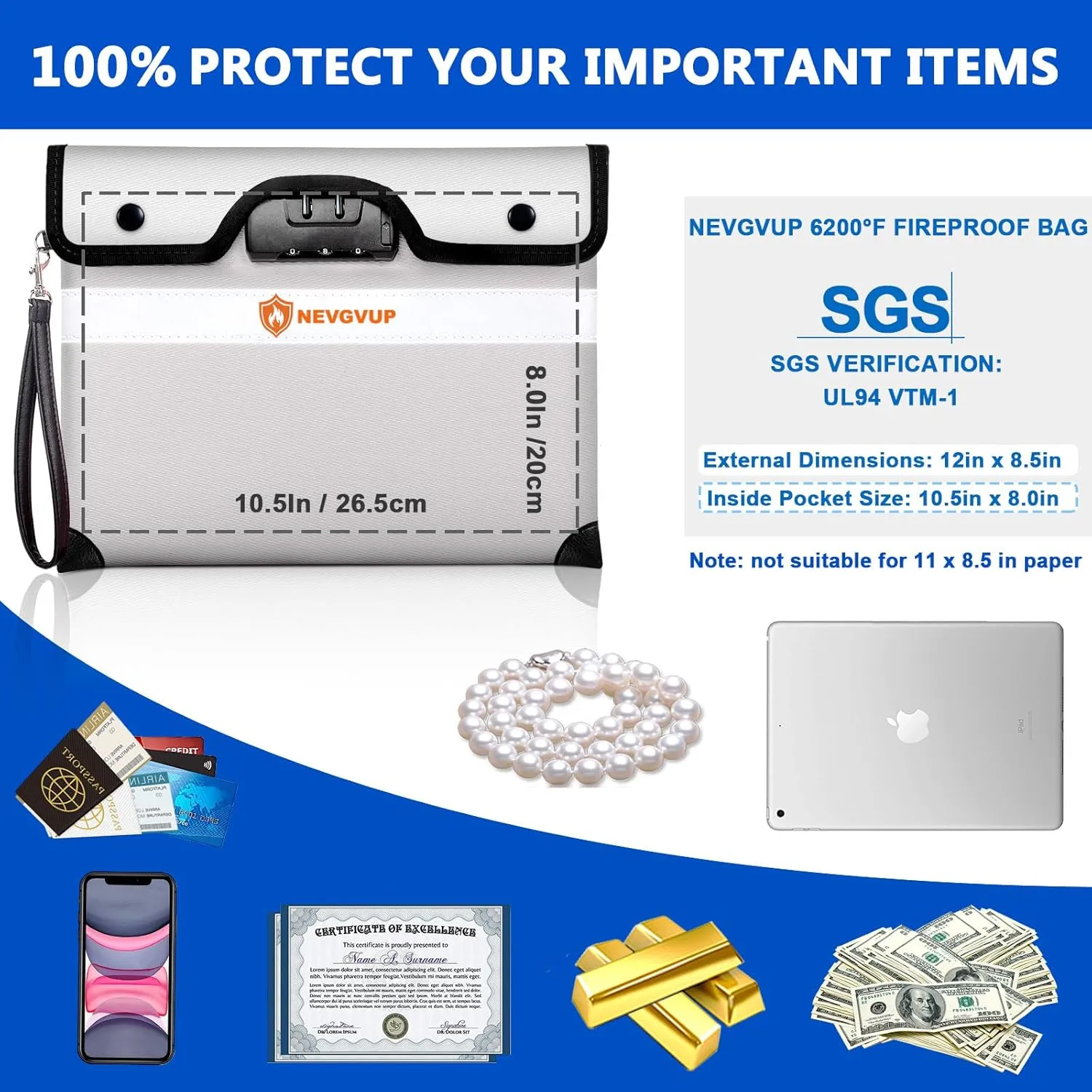 Upgraded 6200F Fireproof Money Bag with Lock, Fireproof Bag w. Zipper/Reflective Strip, 9 Layers of Heat Insulated Material, Water Resistant Fire Proof Money Bag for Cash, Fire Bag for A5 documents